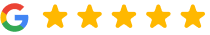 Google logo with five gold stars representing excellent dental practice reviews and ratings.